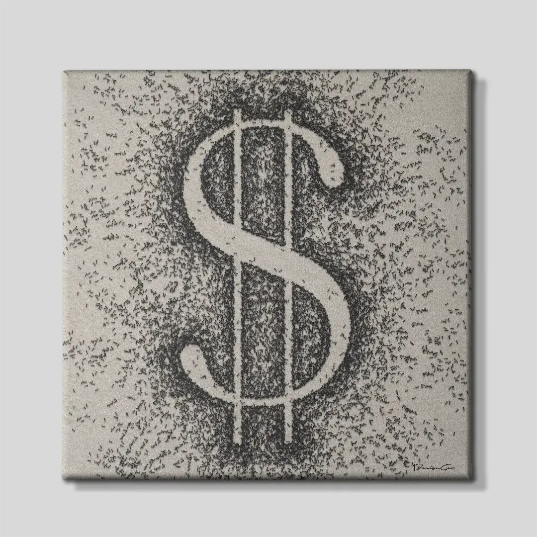 Modern canvas wall art featuring ants at work chasing money for interior decor