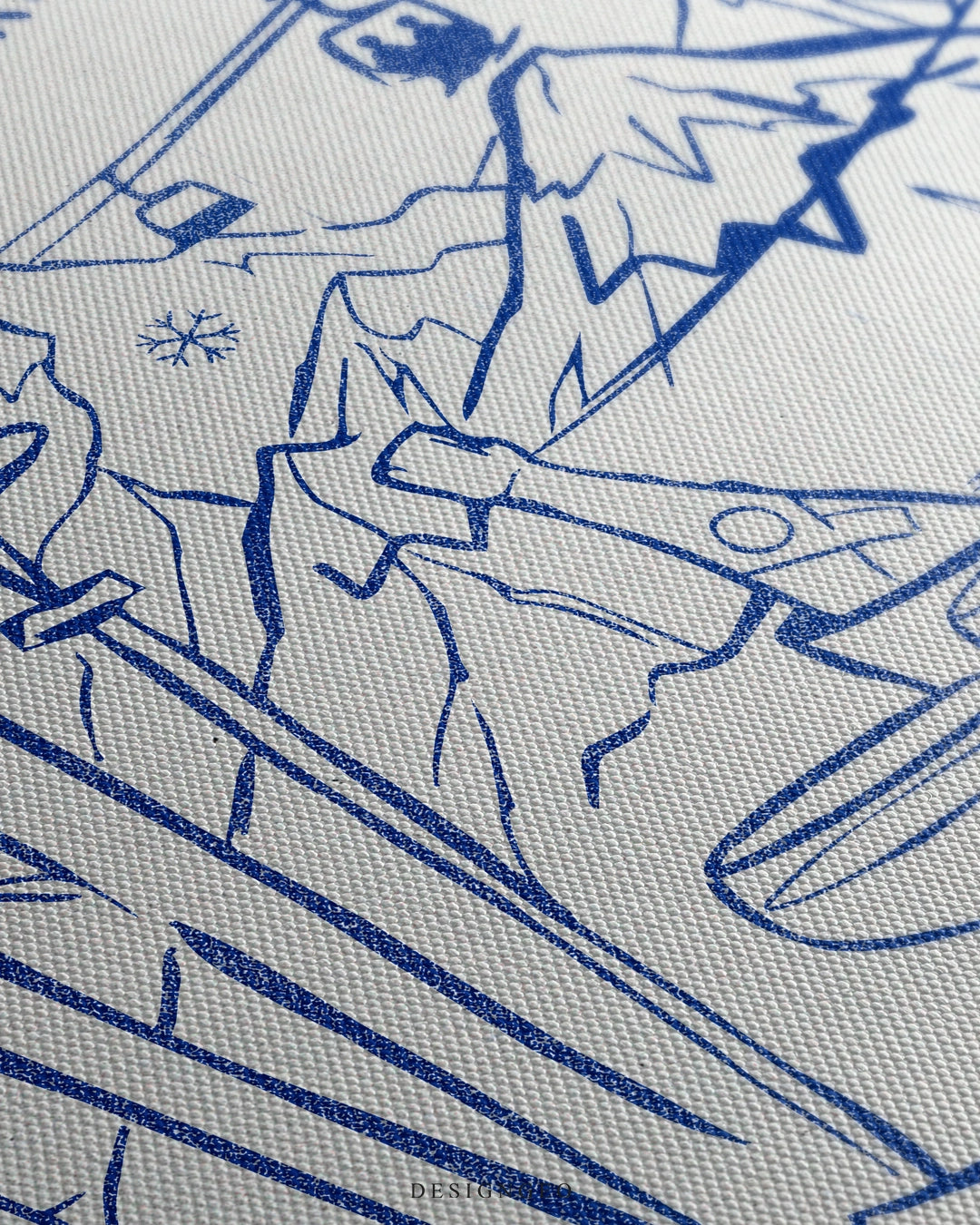 Angled close-up of the Après-Ski canvas print, showcasing the detailed blue line-art illustration of champagne bottles and snowy Swiss mountain peaks on a textured white canvas surface