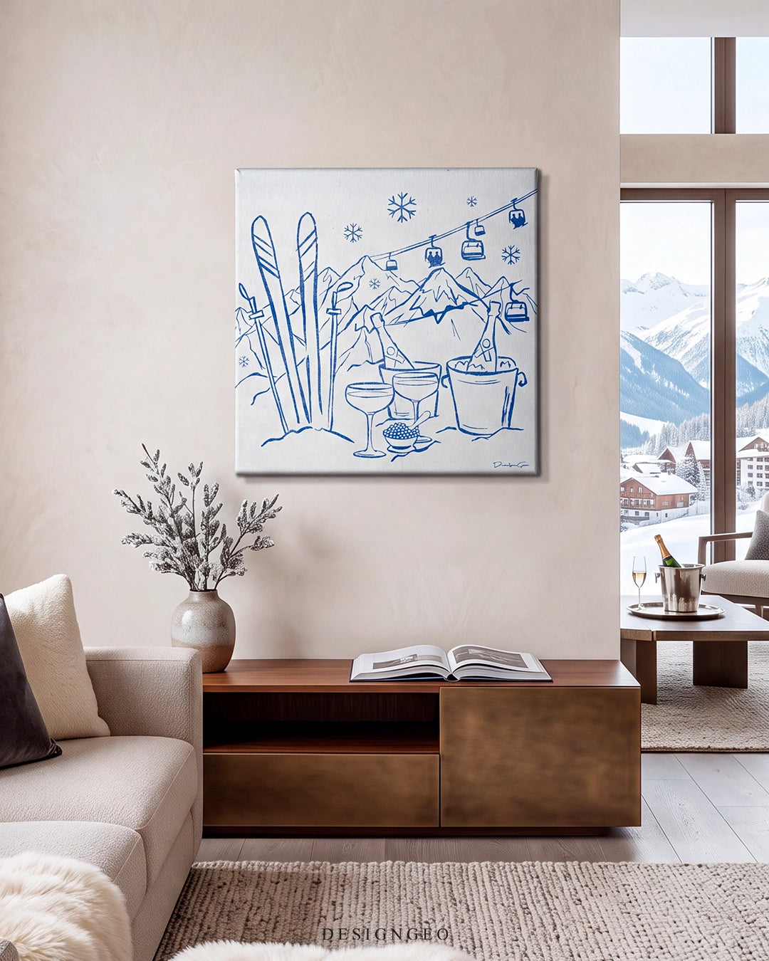 Modern luxury alpine chalet living room interior featuring the square blue and white Après-Ski canvas wall art on a beige wall above a wooden sideboard, next to large windows with a scenic snowy mountain view