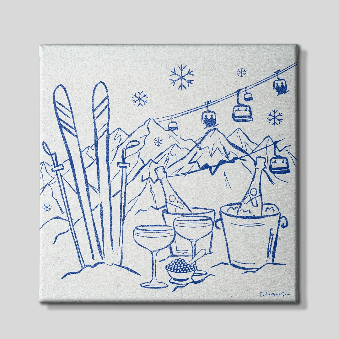 Front view of the square "Après-Ski" canvas art, depicting a minimalist blue line-art illustration of skis, champagne glasses, caviar, and cable cars over Swiss mountain peaks on a white canvas, ideal for modern chalet decor