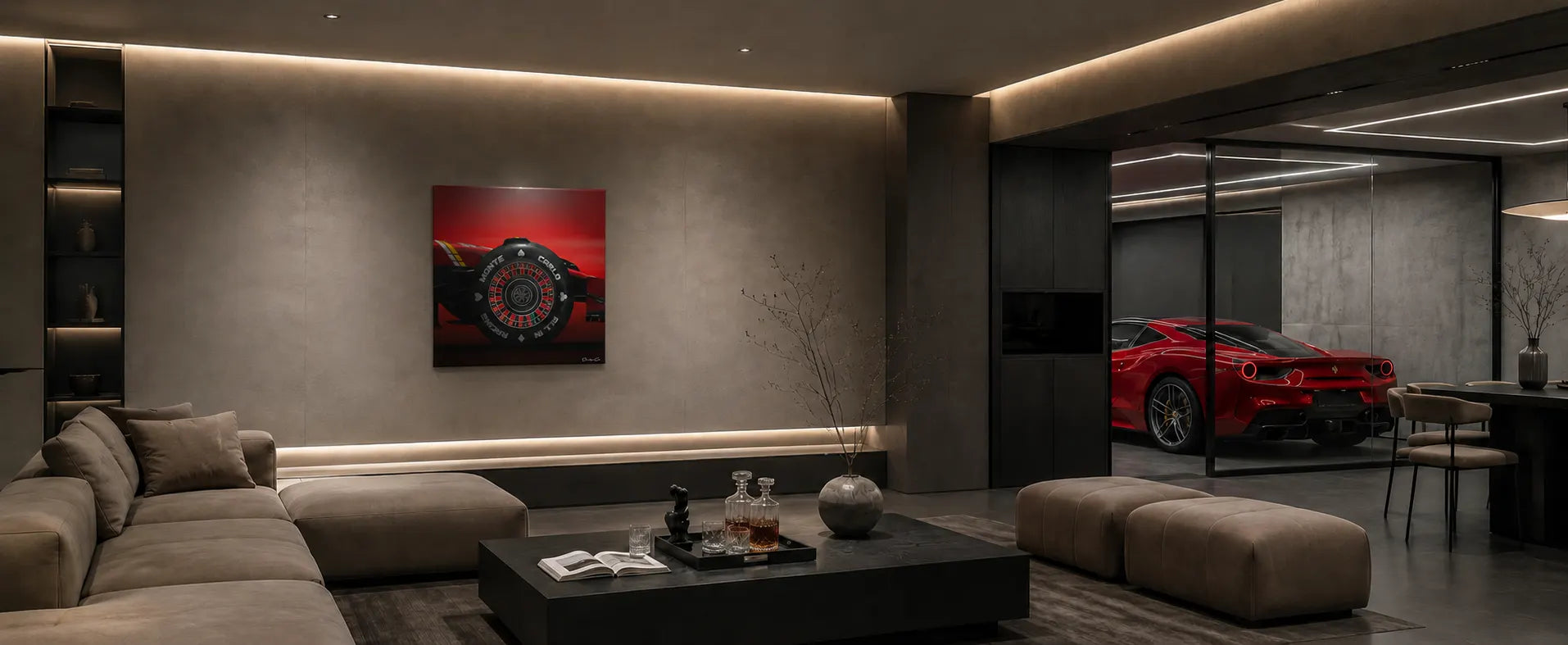 Luxury modern lounge interior featuring a square Formula 1 canvas print with a Monte Carlo casino roulette wheel tire mounted on a concrete wall, next to an indoor glass garage showcasing a red sports car