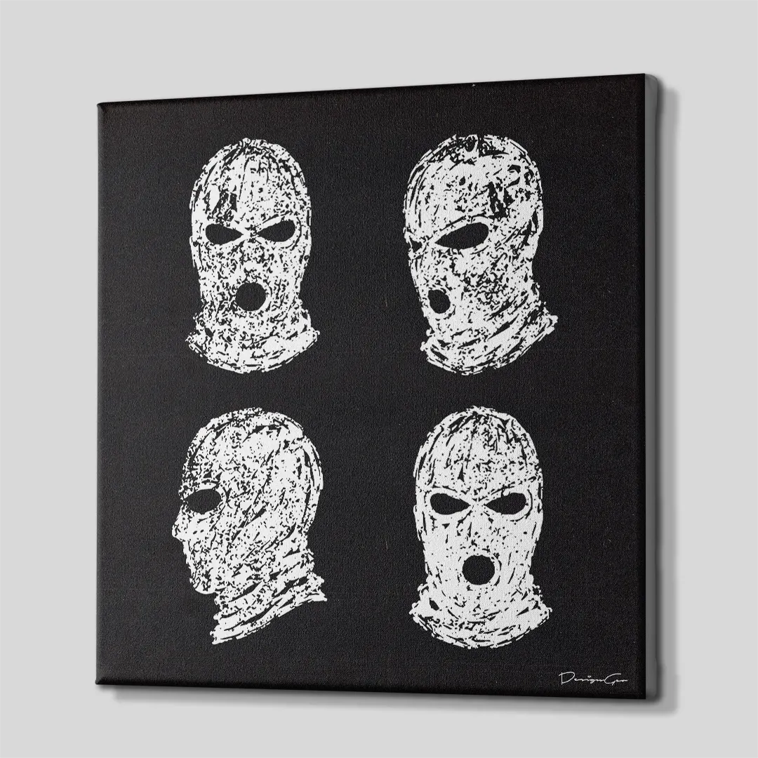 Three-quarter side angle of the square four balaclavas canvas wall art, showing clean black gallery-wrapped edges stretched around a wooden frame