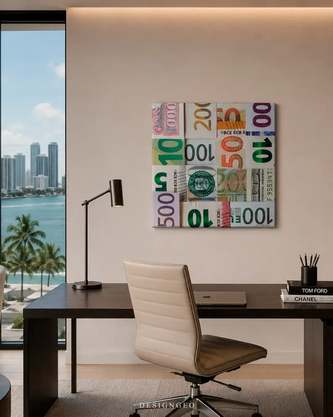 Contemporary home office interior displaying the Banknotes square canvas wall art above a desktop, creating an inspiring and wealthy atmosphere for modern homes or executive offices