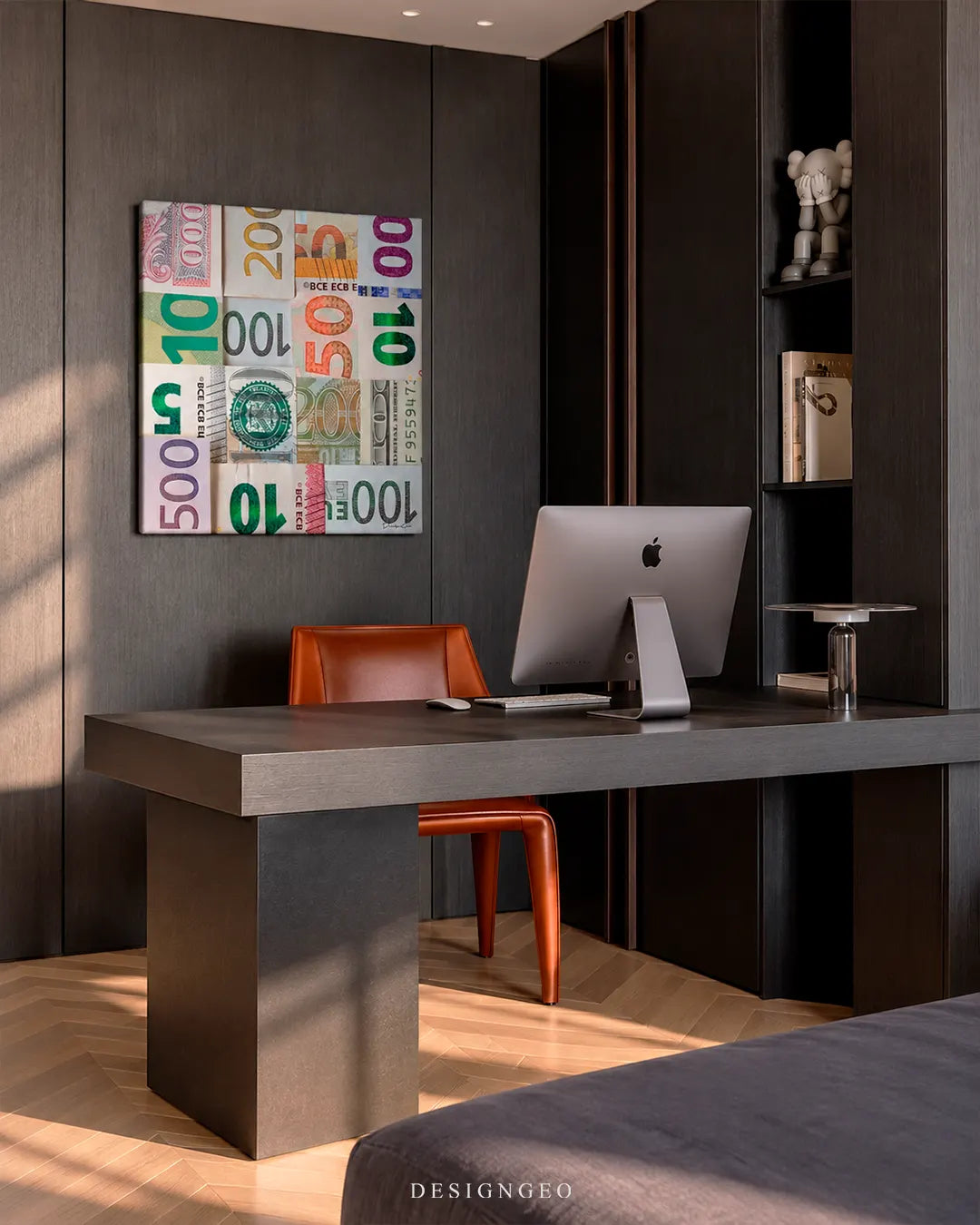 Banknotes international currencies collage grid square canvas wall art mounted on dark wood paneling wall in executive office above wooden desk 0.75 inch thin wrap