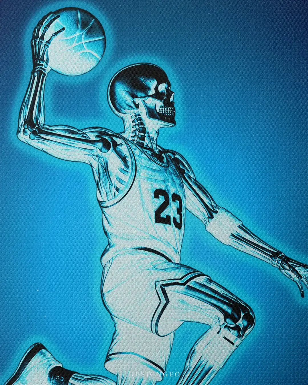 Close-up macro view of the premium woven canvas texture, highlighting the glowing blue x-ray skeleton of a basketball player holding a basketball against a dark blue background