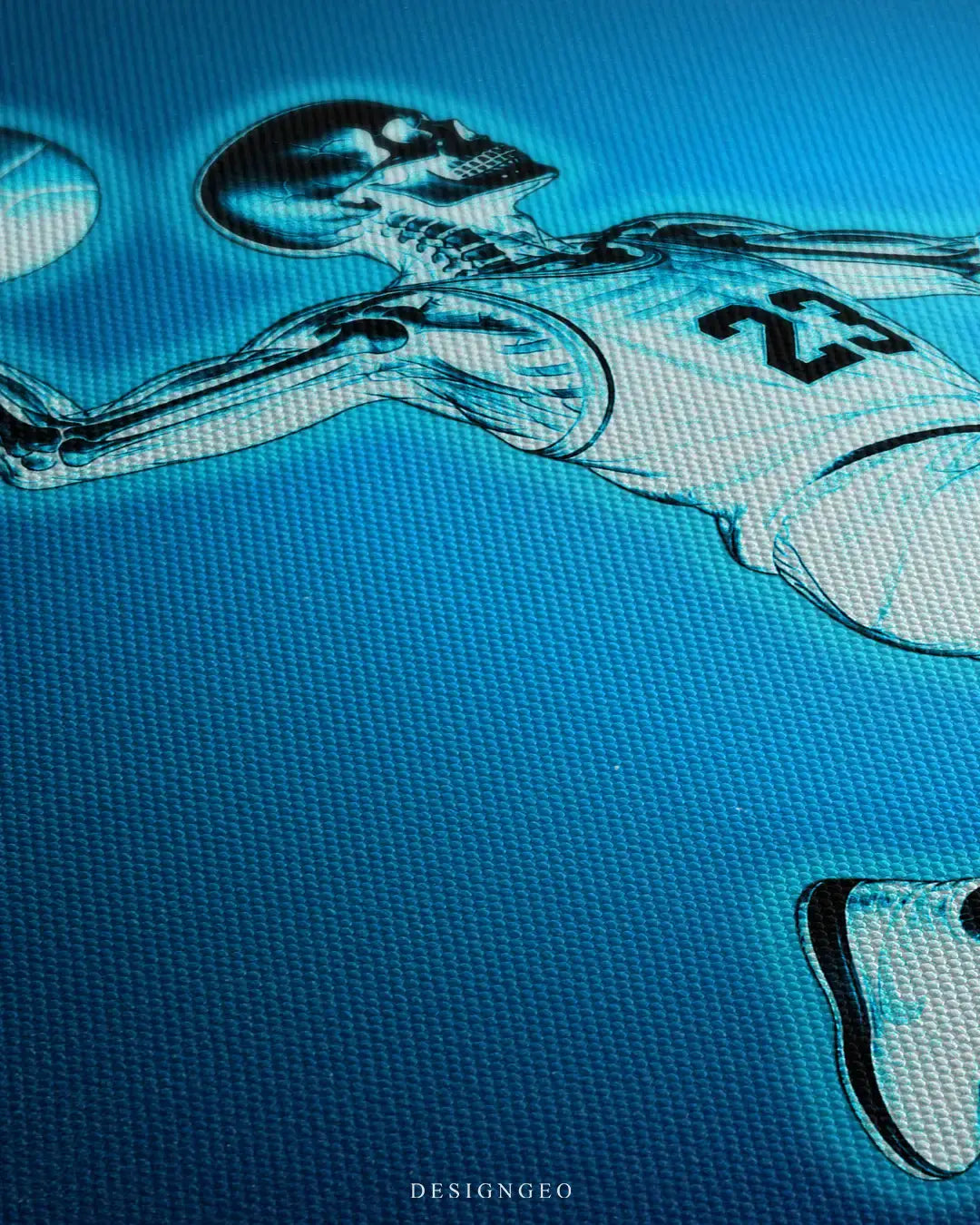 Angled detailed close-up of the basketball anatomy canvas print, showcasing the textured surface gradient and the sharp blue neon lines of the skeletal athlete jersey number 23