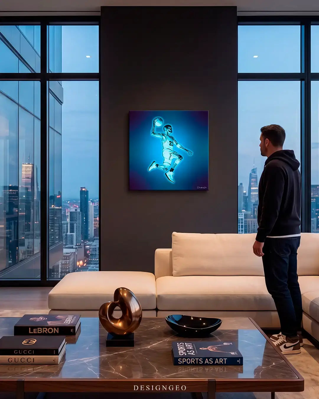 Modern luxury living room interior featuring the square blue x-ray basketball player canvas print mounted on a dark gray wall above a white sectional sofa, next to a large window with a city skyline view