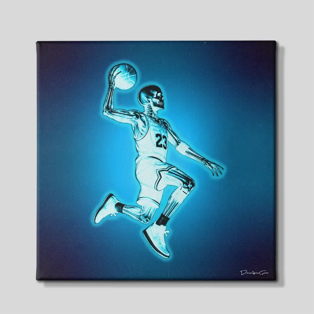 Front view of the "Basketball Anatomy" square canvas wall art displaying a neon blue x-ray skeleton player mid-dunk on a dark blue background, ideal for modern gym or home decor
