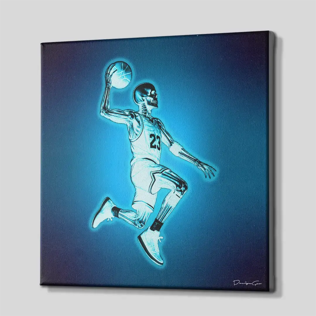 Side perspective of the modern x-ray basketball sports canvas print, demonstrating the precise gallery wrap edges and three-dimensional wooden frame profile for contemporary interiors