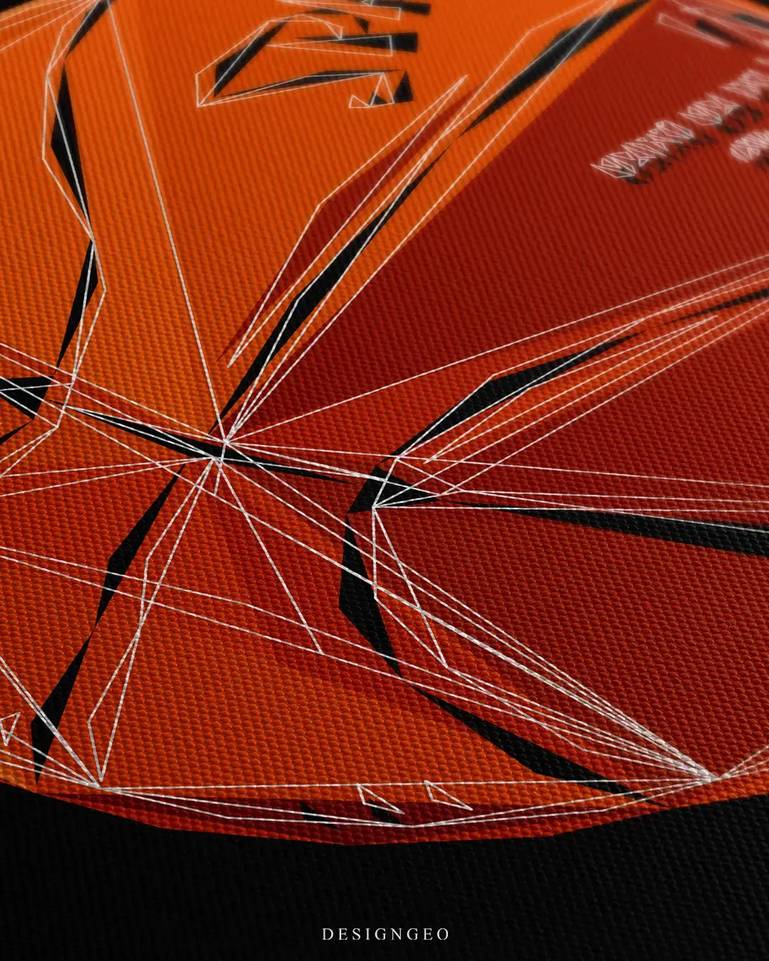 Detailed view of the Basketball canvas art, showcasing the crisp textures, spherical symmetry, and striking contrast of the orange basketball artwork against a premium dark background