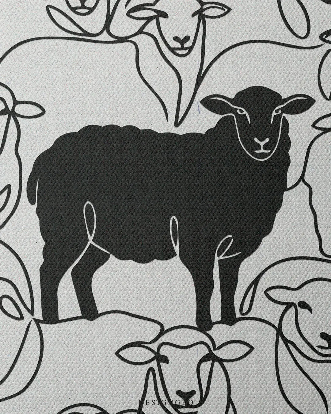 Medium shot close-up highlighting the solid black sheep in contrast with the surrounding white sheep outlines rendered in minimalist continuous line art