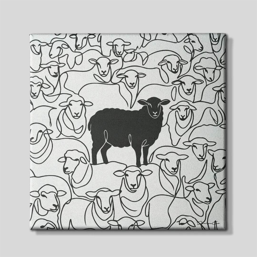 Front view of a square minimalist canvas print featuring a solid black sheep standing amongst white sheep drawn in black continuous line art on a light grey background