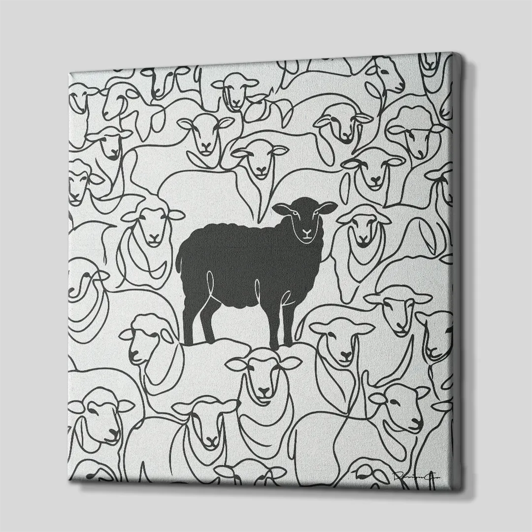 Front view of a square minimalist canvas print featuring a solid black sheep standing amongst white sheep drawn in black continuous line art on a light grey background