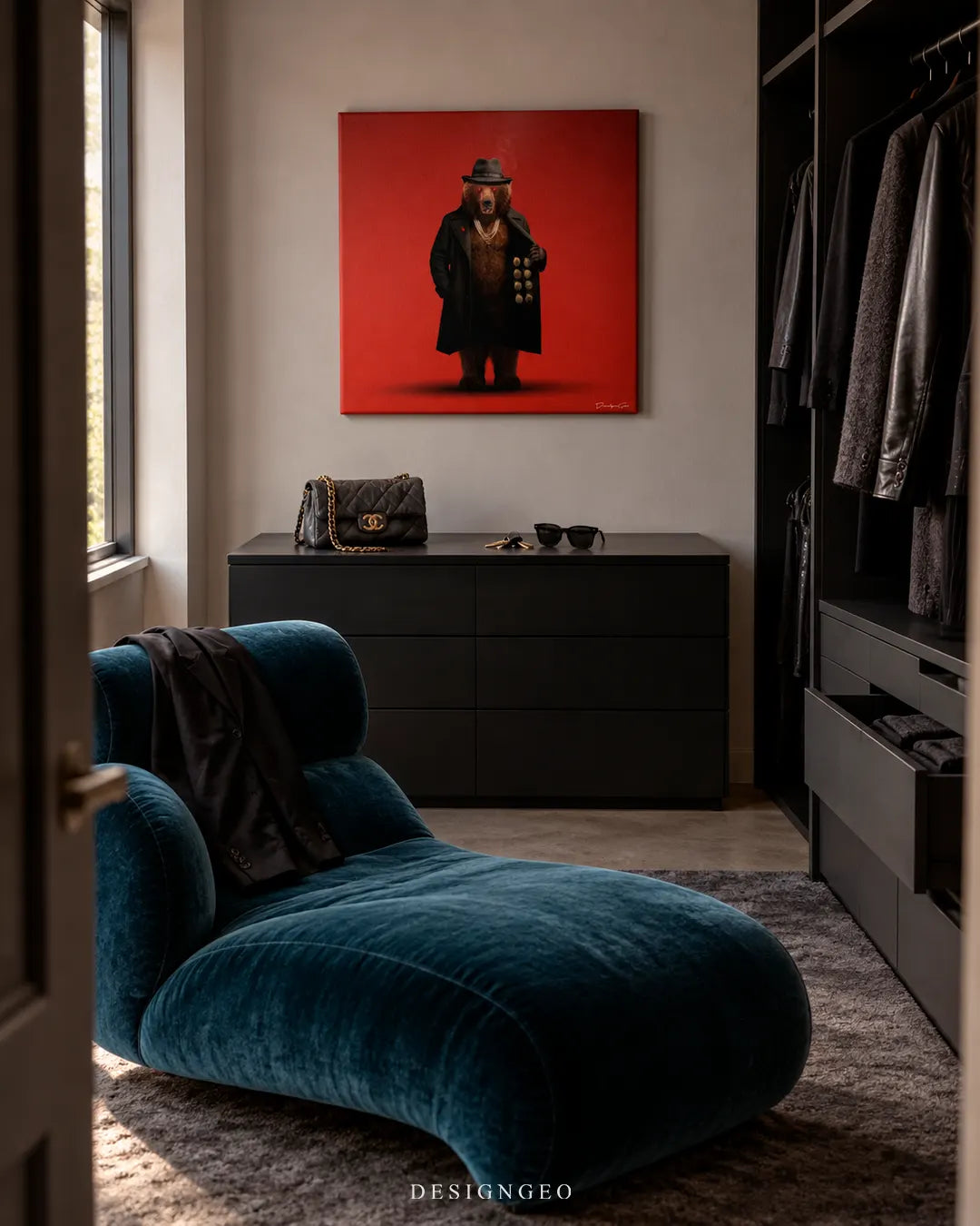 Modern luxury walk-in closet interior featuring a square canvas print of a grizzly bear in a fedora and trench coat opening it to reveal gold coins against a red background