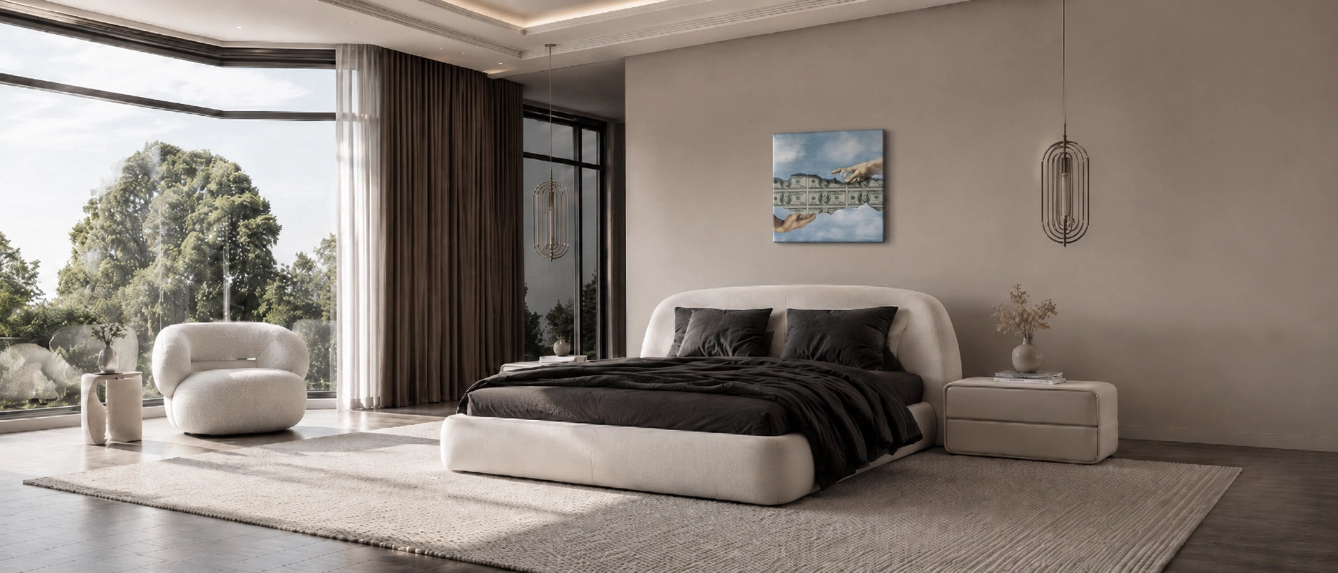 Modern luxury master bedroom interior featuring a square blue sky canvas wall art inspired by Michelangelo's The Creation of Adam with hands reaching toward a dollar bill bridge, mounted above a premium cream upholstered bed with dark bedding
