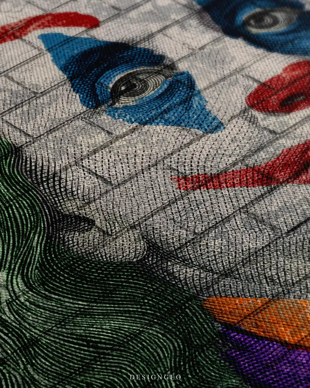 Close-up of modern money pop art featuring Benjamin Franklin with colorful clown makeup and urban graffiti tags on a minimalist black background