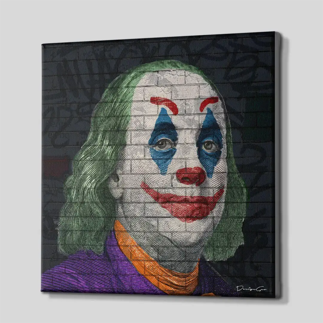 Side angle of the Benjamin Franklin urban graffiti motivation canvas print, highlighting the high-quality gallery wrap finish and the professional 3D frame depth