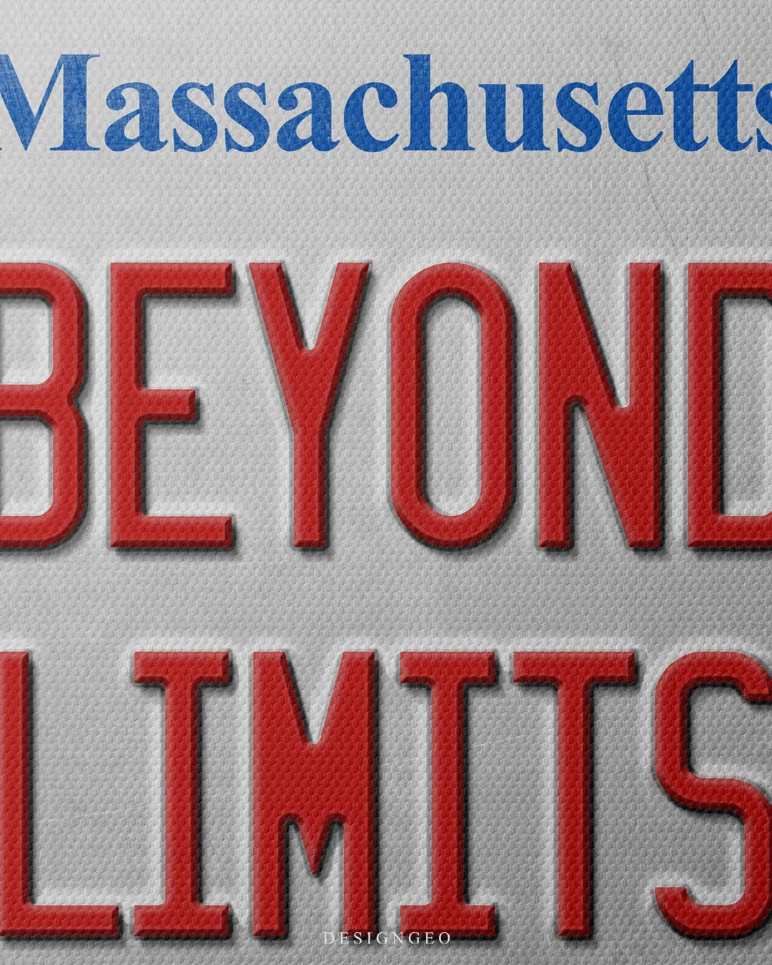 Medium shot showing red embossed BEYOND LIMITS typography below a blue serif Massachusetts title on a textured silver metal background