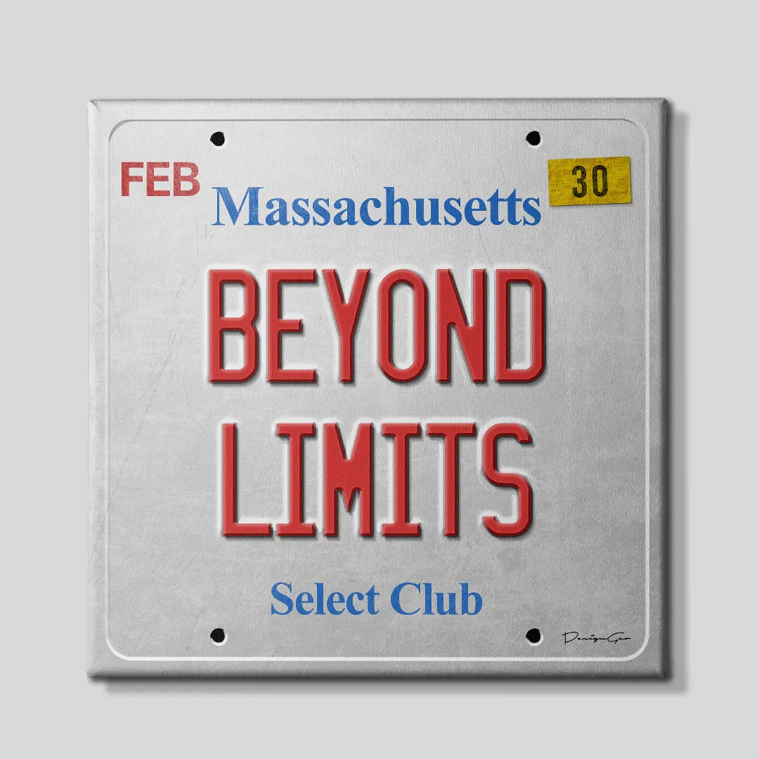 Front view of a square motivational canvas print styled as a retro Massachusetts license plate featuring red BEYOND LIMITS lettering, blue Massachusetts title, and Select Club slogan