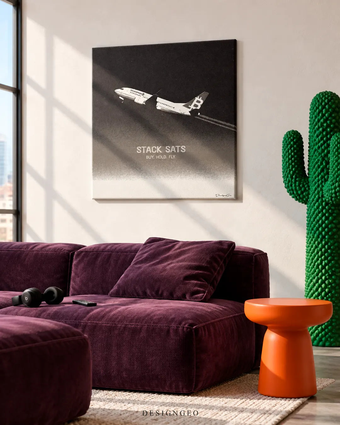 Modern luxury lounge featuring a square canvas print of a Bitcoin airplane in flight mounted on a beige wall above a plush deep purple sectional sofa