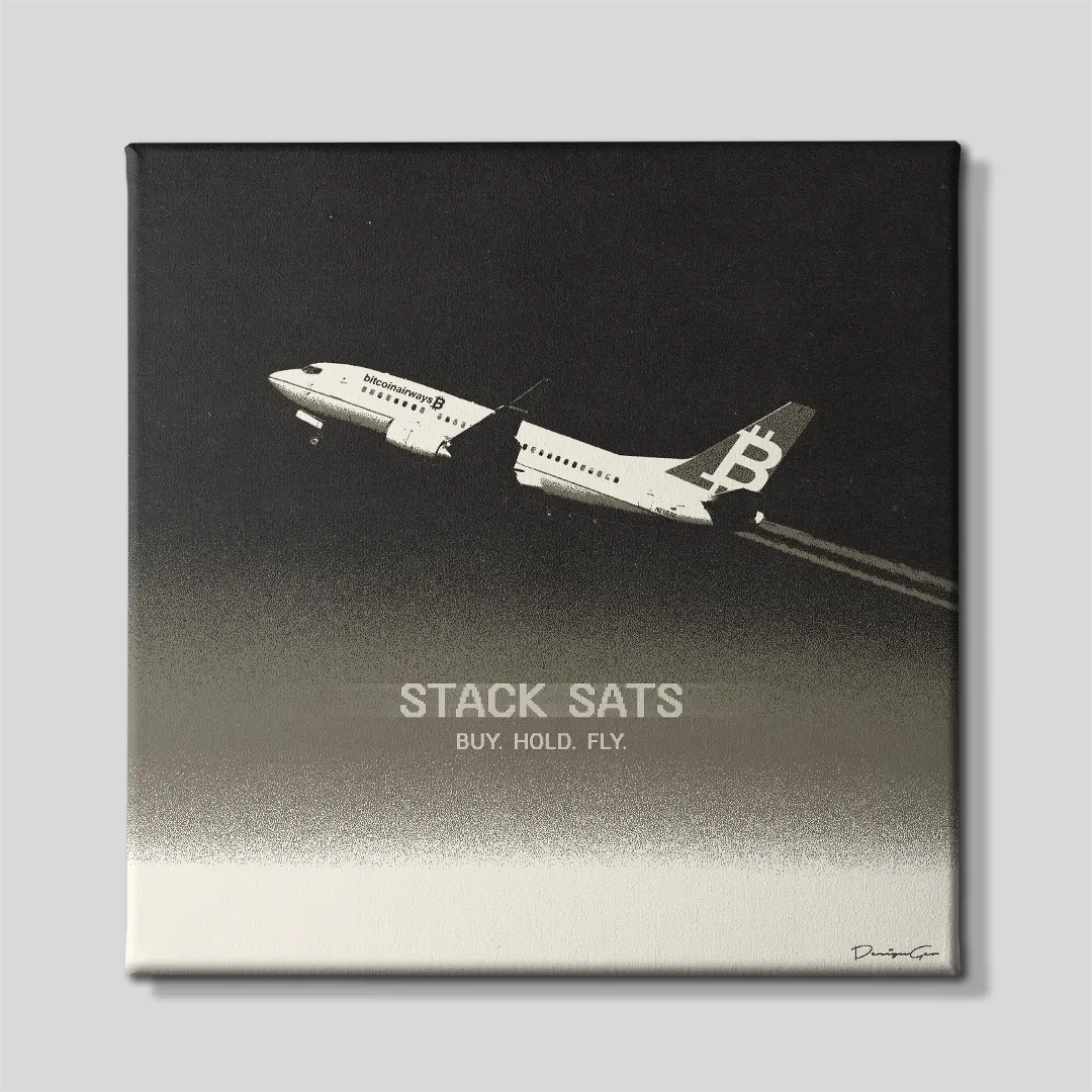 Front view of a square Bitcoin canvas print featuring a monochrome airplane labeled "bitcoinairways" with a Bitcoin symbol tail, flying above the text "STACK SATS BUY. HOLD. FLY."