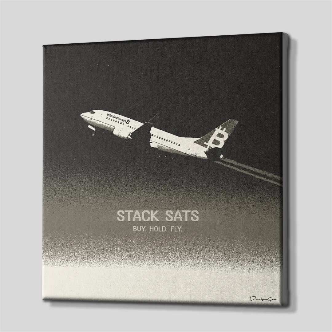 Three-quarter side angle of the square Bitcoin Airways canvas print, showing clean gallery-wrapped edges mounted on solid wooden stretcher bars against a neutral backdrop
