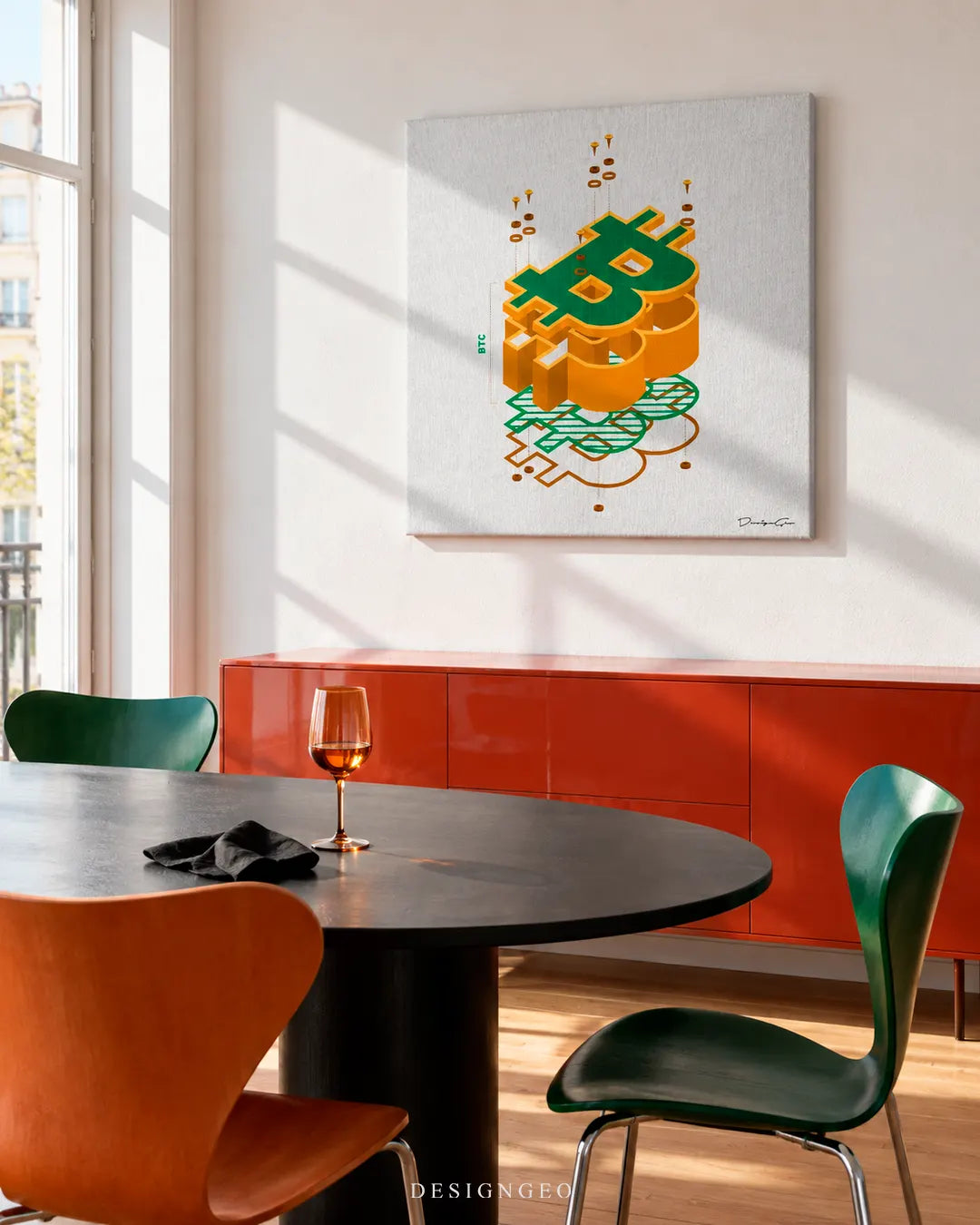 Modern luxury dining room featuring a square canvas print of an exploded 3D Bitcoin logo diagram mounted on a light wall above a red sideboard and dark wooden table