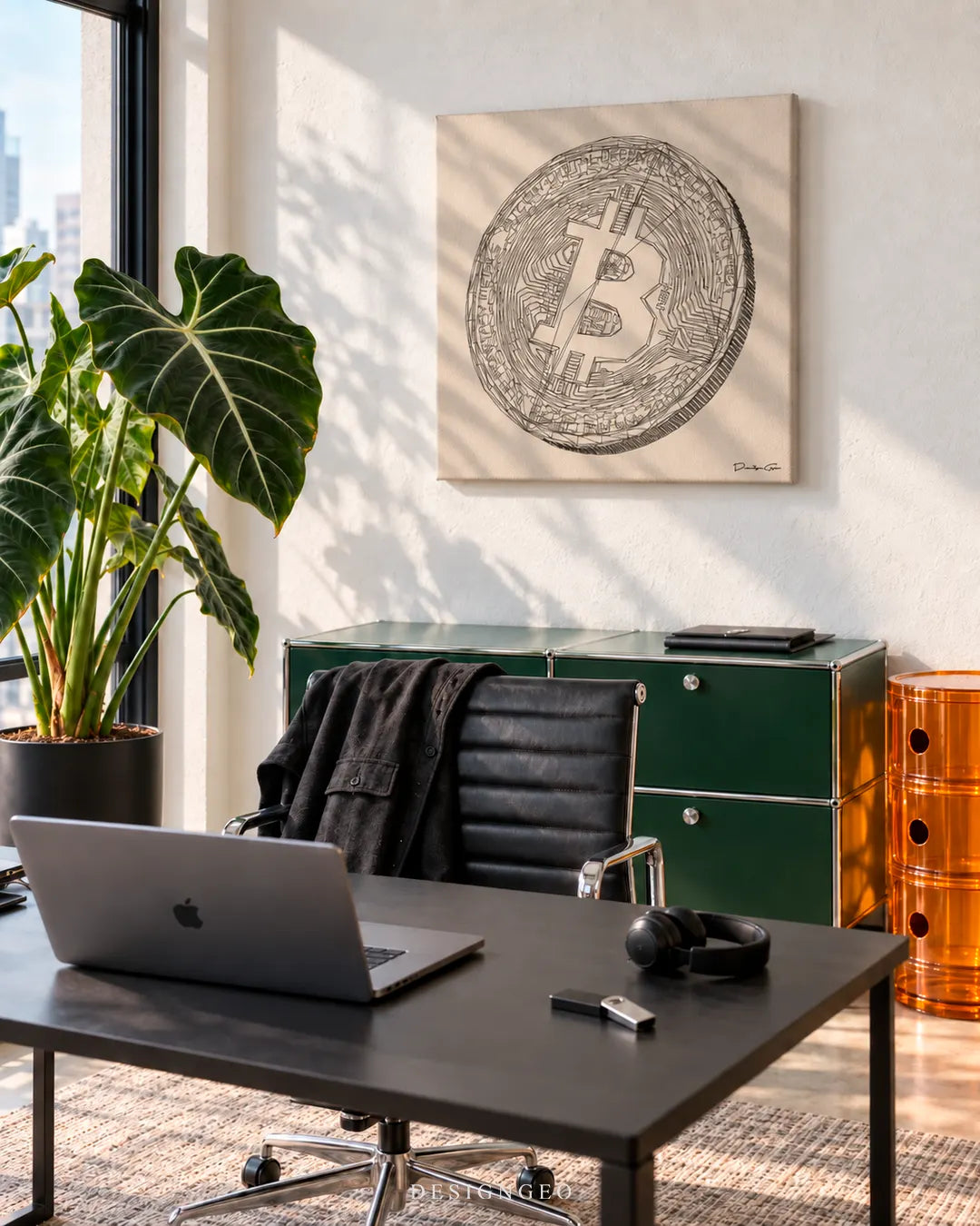 Modern executive office space featuring a square crypto canvas print of a hand-drawn Bitcoin coin sketch mounted on a light beige wall above a dark desk and green cabinet