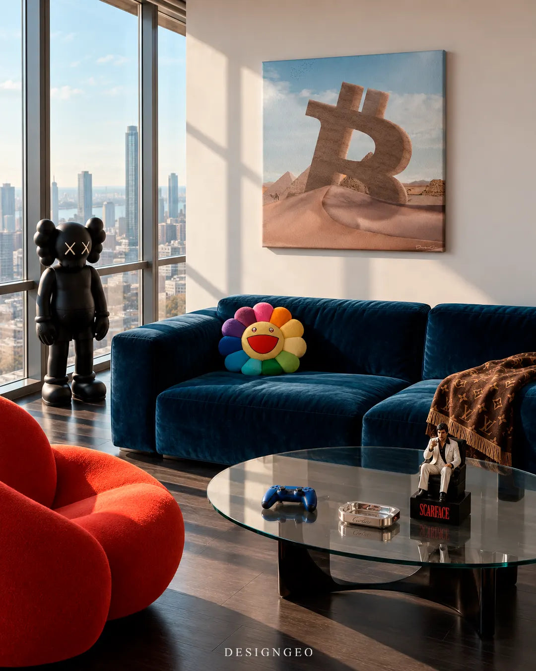 Modern penthouse apartment living room featuring a square canvas print of a giant stone Bitcoin monument in the desert mounted above a blue velvet sofa with city skyline views