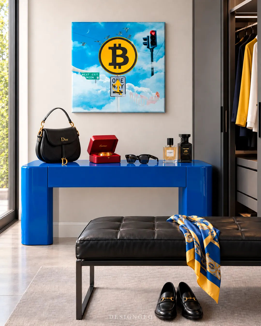 Modern luxury dressing room featuring a square crypto canvas print of a Bitcoin yellow road sign with NEXT EXIT MOON mounted above a vibrant blue console table