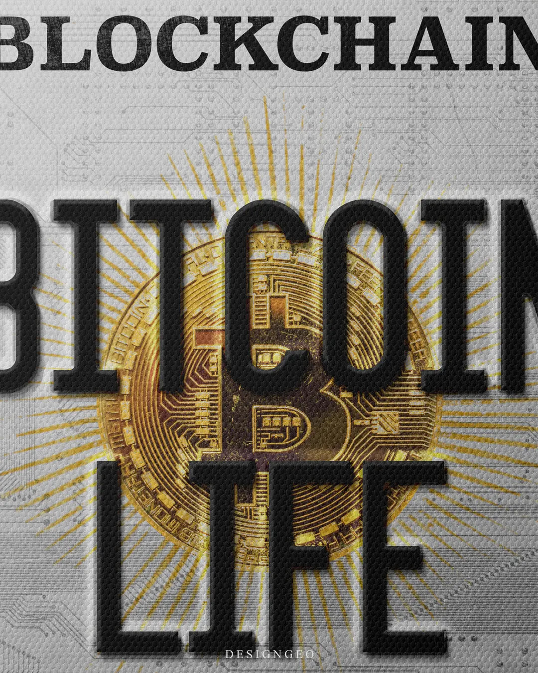 Medium shot showing black embossed BITCOIN LIFE typography layered over a glowing golden Bitcoin physical coin design on a circuit board background