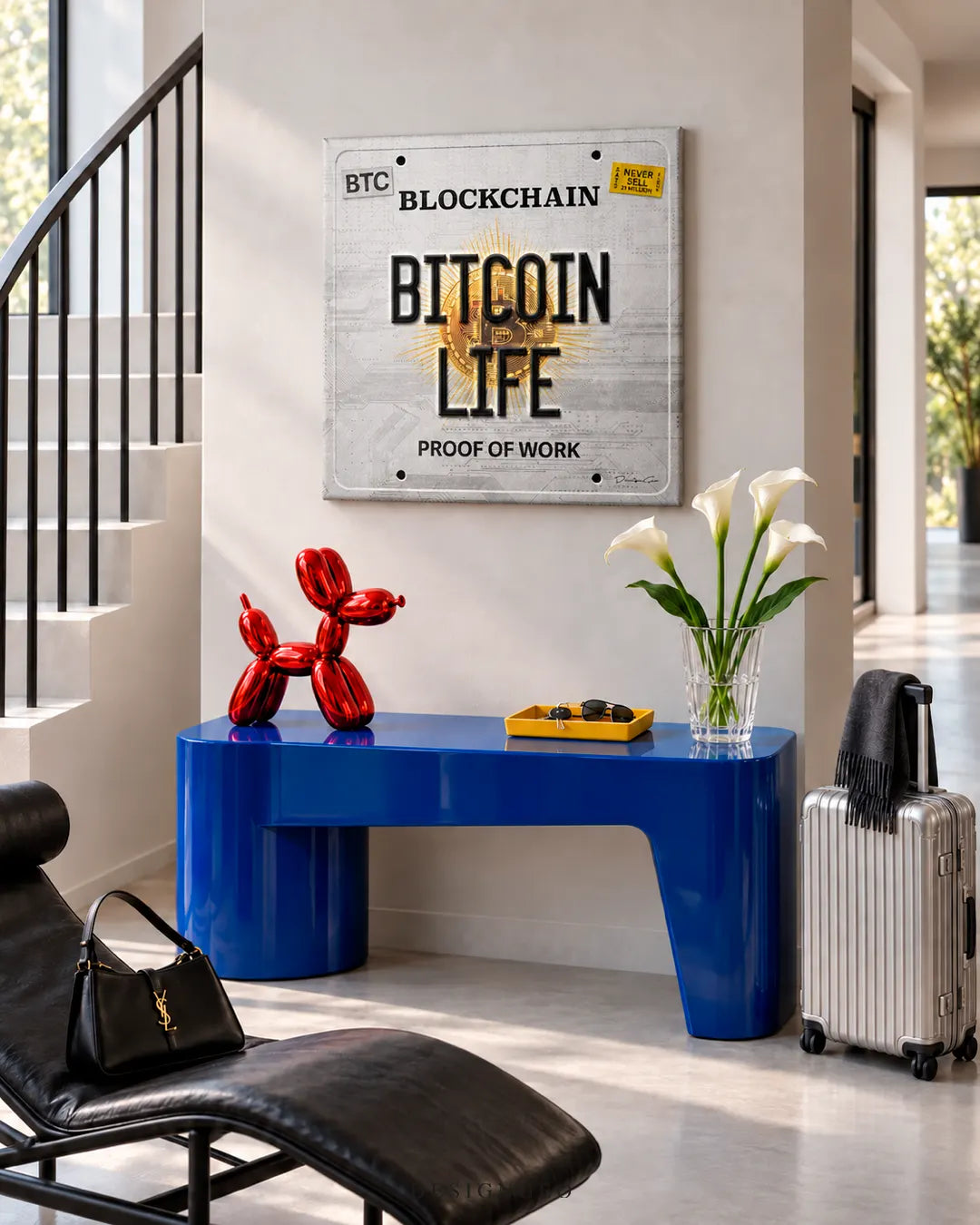 Modern luxury entrance hall featuring a square canvas print of a Bitcoin license plate mounted on a light wall above a royal blue console table with a red balloon dog sculpture