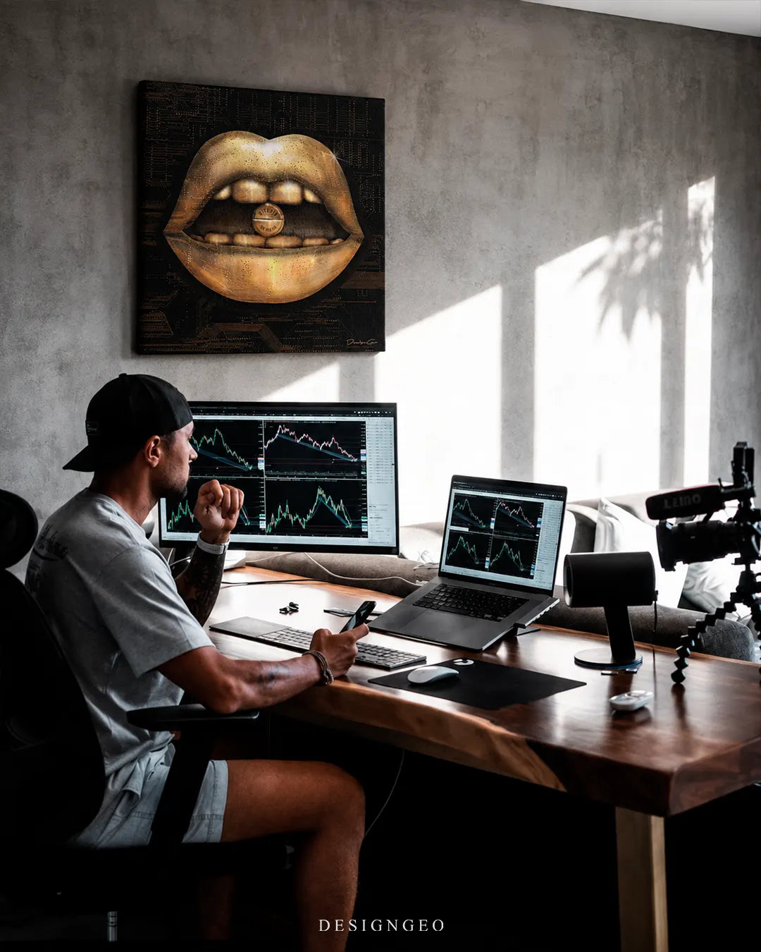 Square golden lips Bitcoin pill canvas wall art mounted on a gray concrete wall above a trader analyzing stock charts on dual monitors in a modern office setup