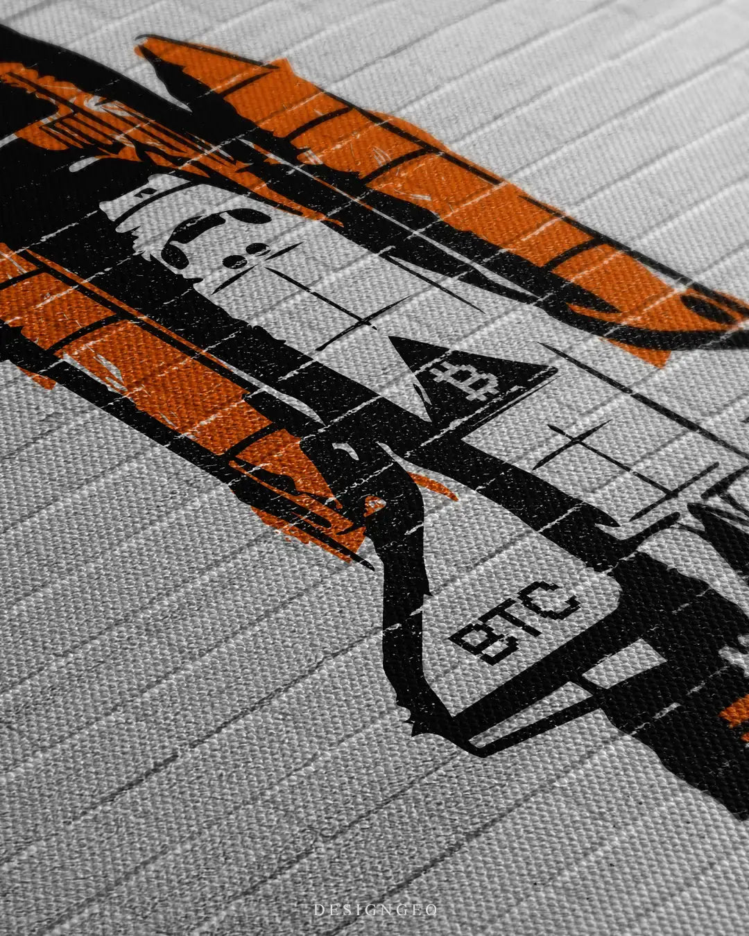 Close-up of modern crypto wall art featuring a Bitcoin-themed space shuttle in a vibrant graffiti style on a minimalist white abstract background