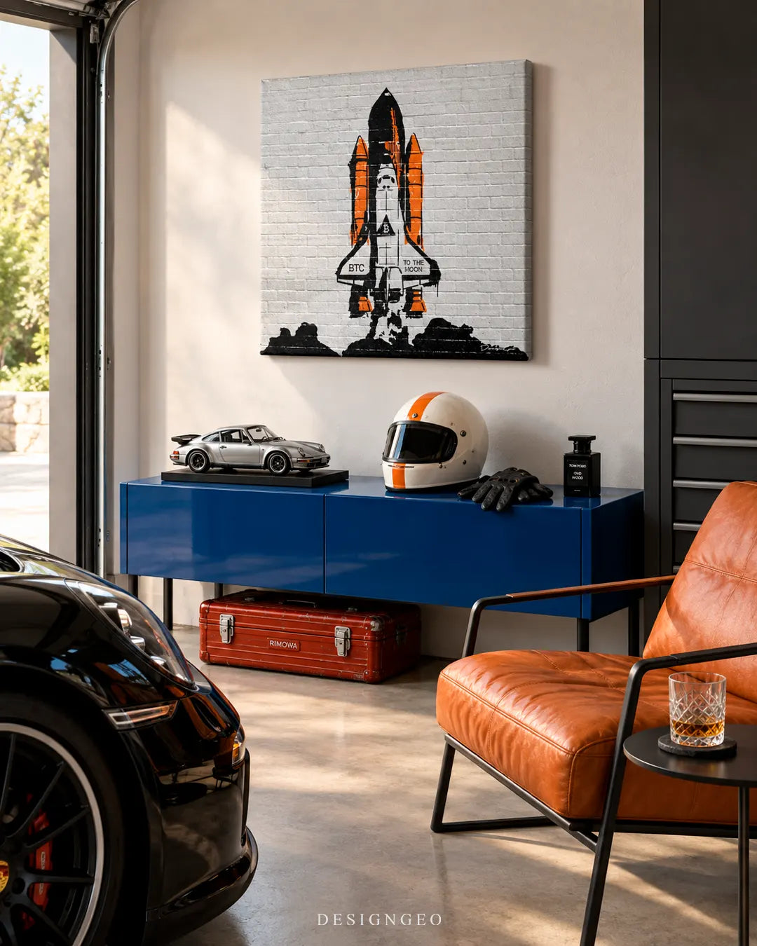 Modern luxury showroom garage featuring a square crypto canvas print of a Bitcoin space shuttle launch stencil art mounted on a white wall above a blue console table with racing accessories