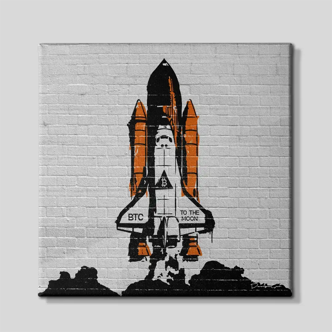 Front view of the Bitcoin space shuttle graffiti square canvas wall art, a premium decorative piece for crypto trading rooms, modern offices, or creative studios