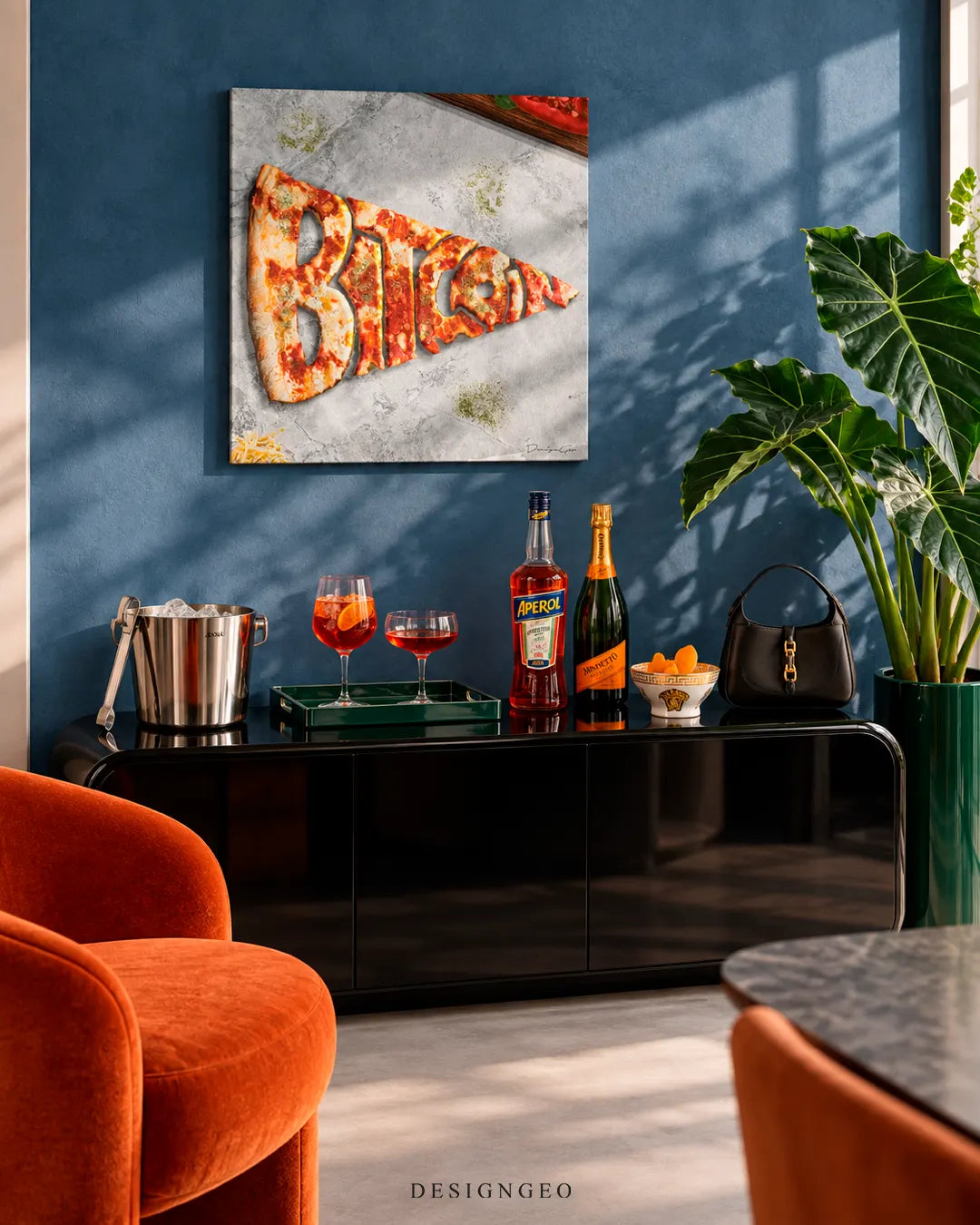 Modern luxury bar lounge featuring a square crypto canvas print of a pizza slice spelling BITCOIN mounted on a navy blue wall above a black sideboard with drinks