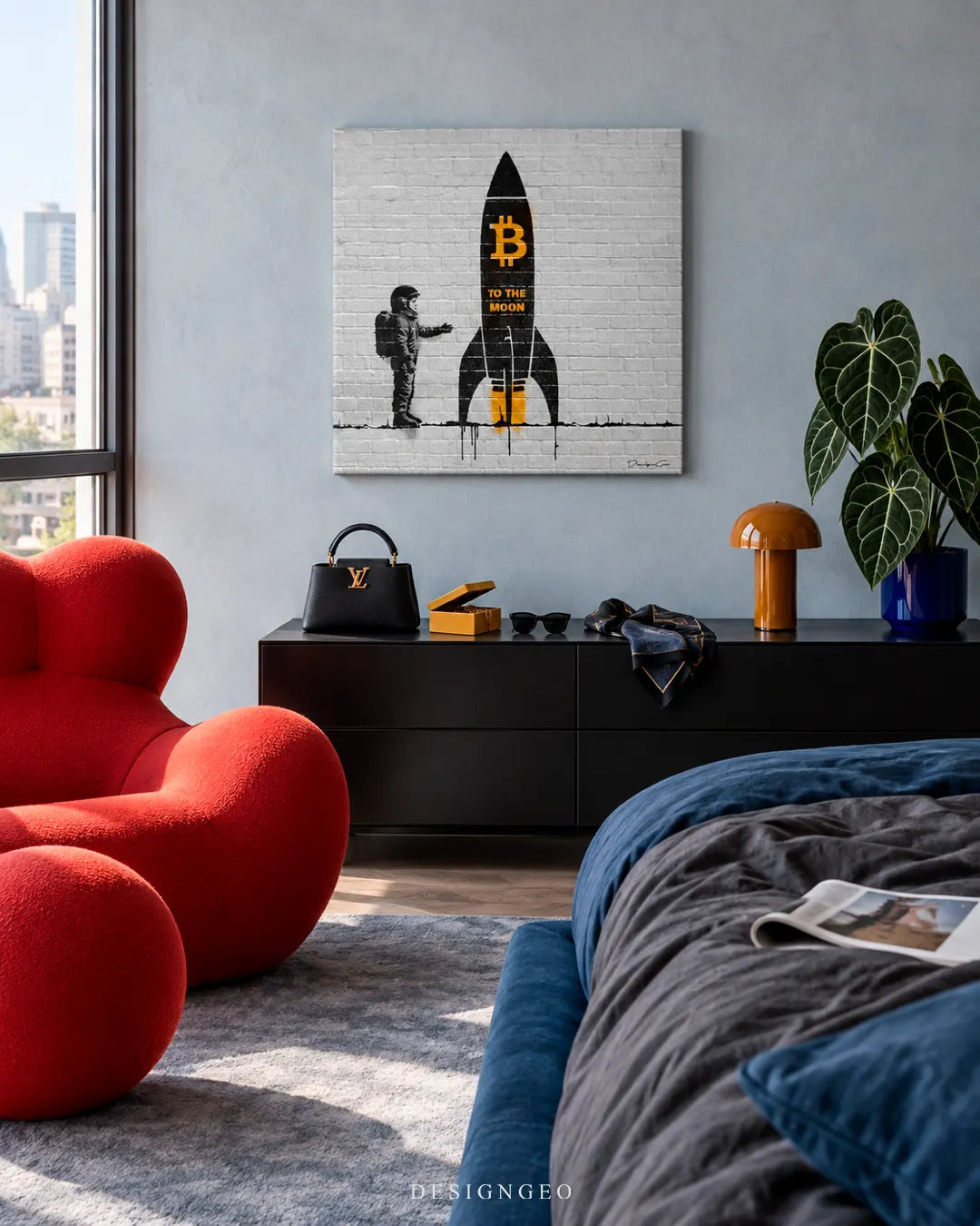 Modern luxury bedroom featuring a square crypto canvas print of a Banksy style stencil astronaut next to a Bitcoin rocket mounted on a light wall above a black credenza