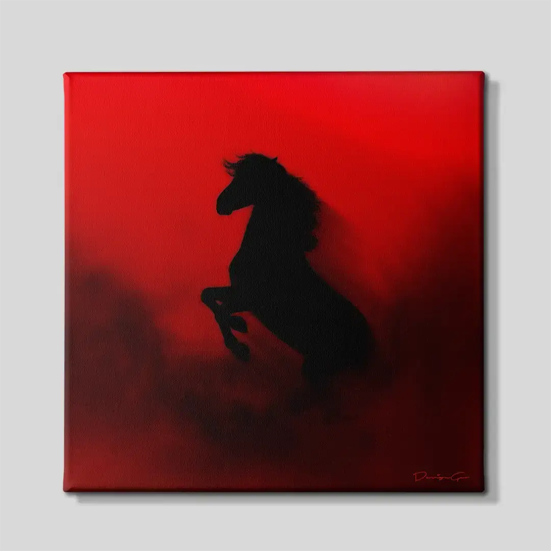 Frontal view of the minimalist black horse portrait square canvas print, a premium contemporary artwork designed for sophisticated bedroom walls and corporate settings