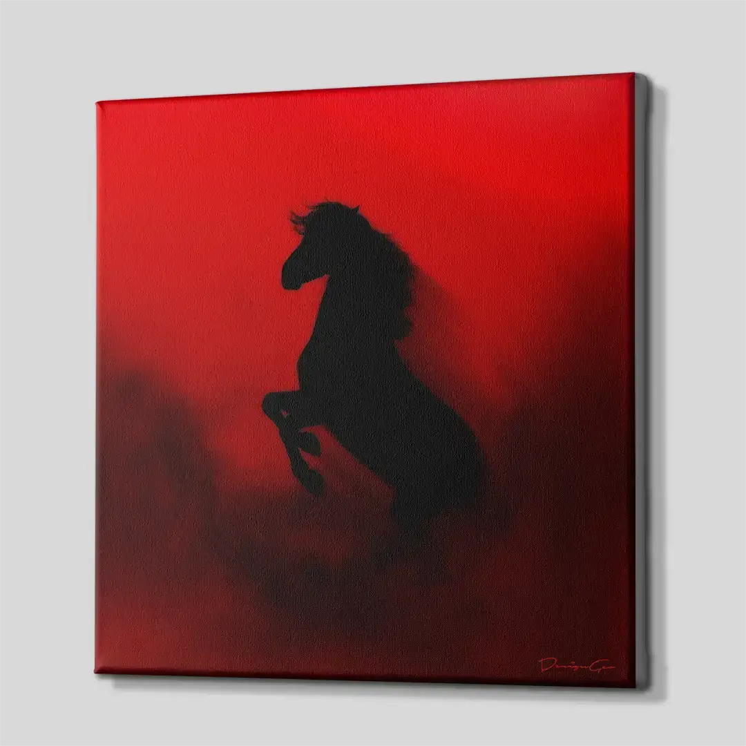 Side perspective of the modern red and black horse canvas print, highlighting the premium gallery wrap finish and robust 3D frame depth for luxury home decor