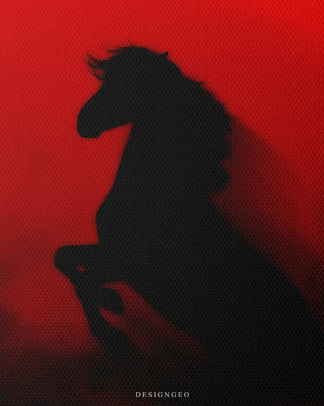Close-up of minimalist equestrian wall art featuring a striking black horse rearing silhouette design set against a dramatic, textured deep red background