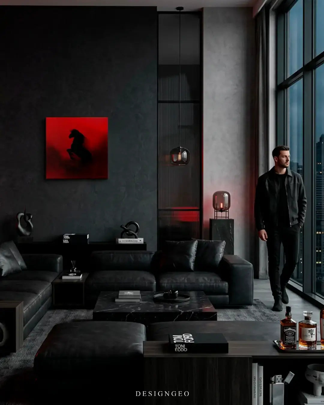 Upscale modern penthouse interior showcasing the black horse square canvas print on a dark wall, adding a powerful minimalist statement to a luxury lounge or executive office