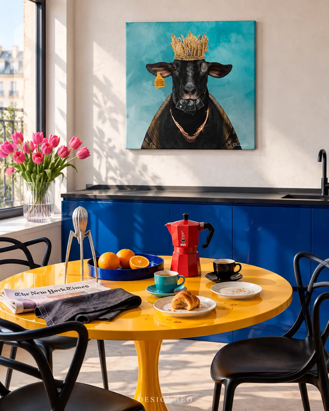Modern bright dining area featuring a square canvas print of a black sheep wearing a golden crown mounted on a cream wall above a yellow dining table
