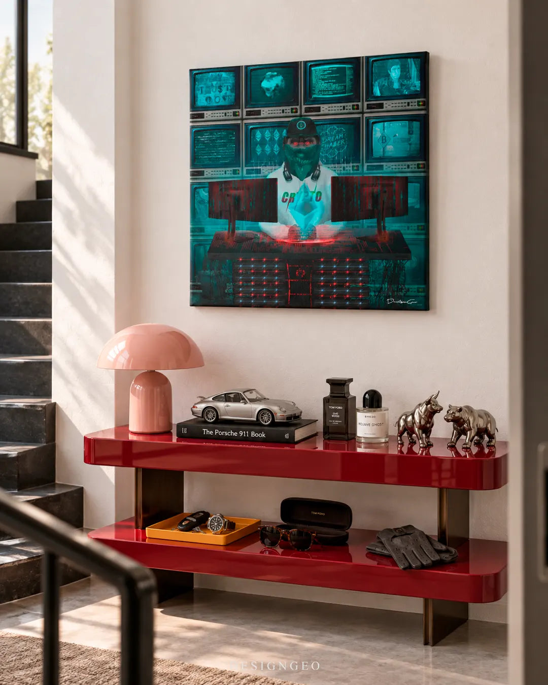 Modern luxury hallway entryway featuring a square crypto canvas print of a cyberpunk coder ape at a dual-monitor trading workstation mounted above a glossy red console table