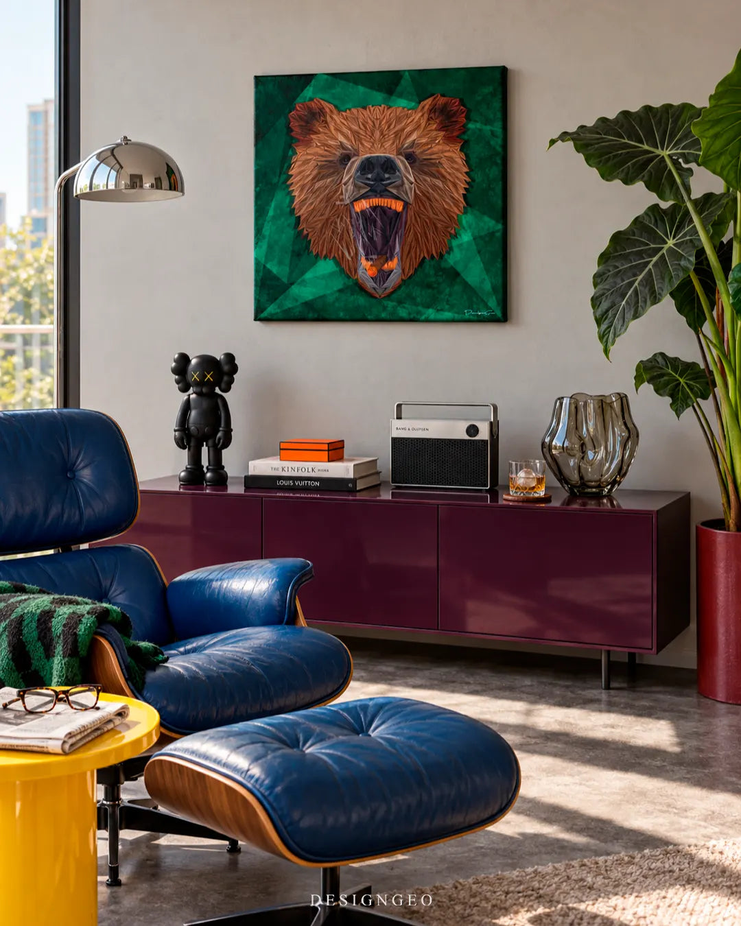 Modern luxury office lounge featuring a square canvas print of a roaring grizzly bear smoking a cigar mounted on a light gray wall above a plum sideboard and blue lounge chair