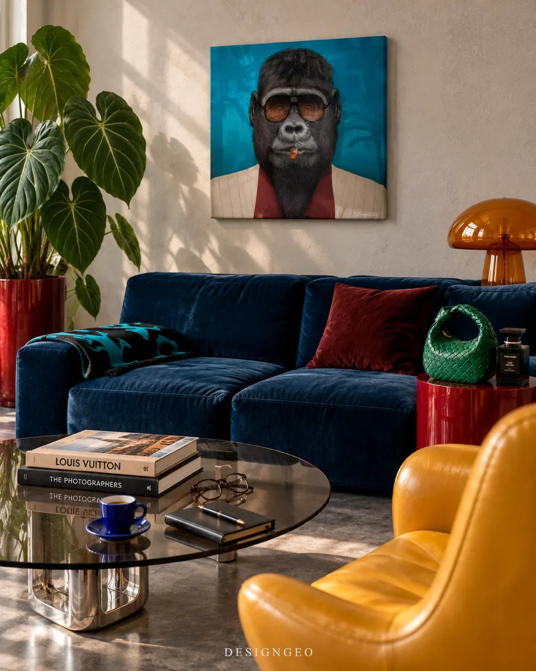 Modern luxury living room featuring a square canvas print of a gorilla in a suit smoking a cigar mounted above a velvet navy blue sofa