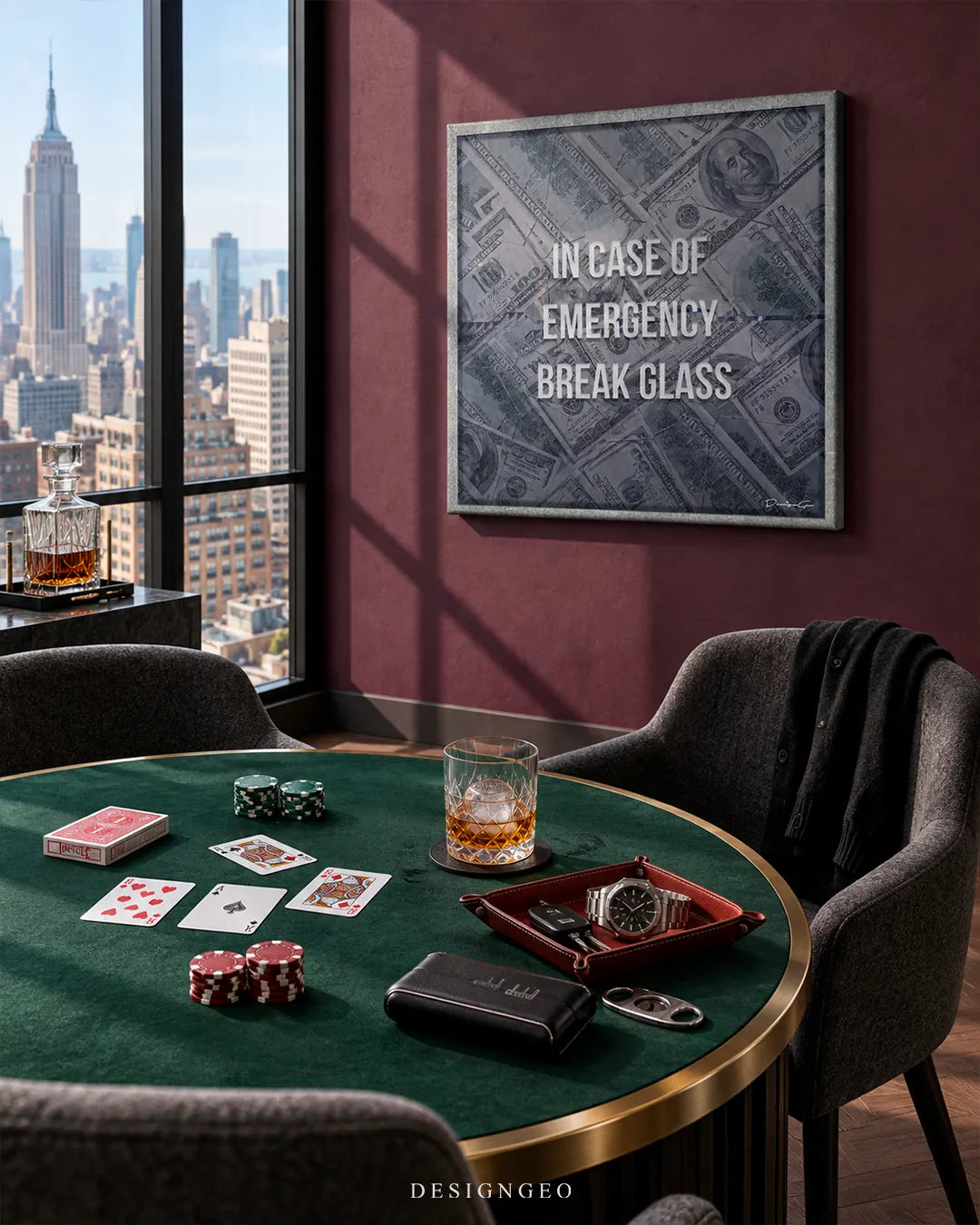 High-rise luxury poker room featuring a square canvas print with IN CASE OF EMERGENCY BREAK GLASS text over 100 dollar bills mounted on a burgundy wall