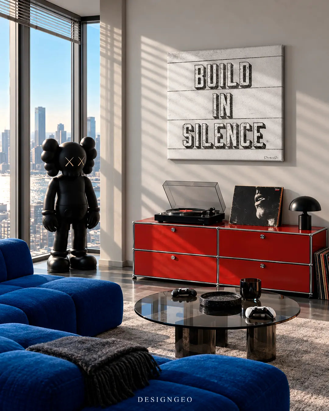 Modern luxury high-rise living room featuring a square motivational canvas print with BUILD IN SILENCE typography mounted above a red USM Haller credenza next to floor-to-ceiling city views