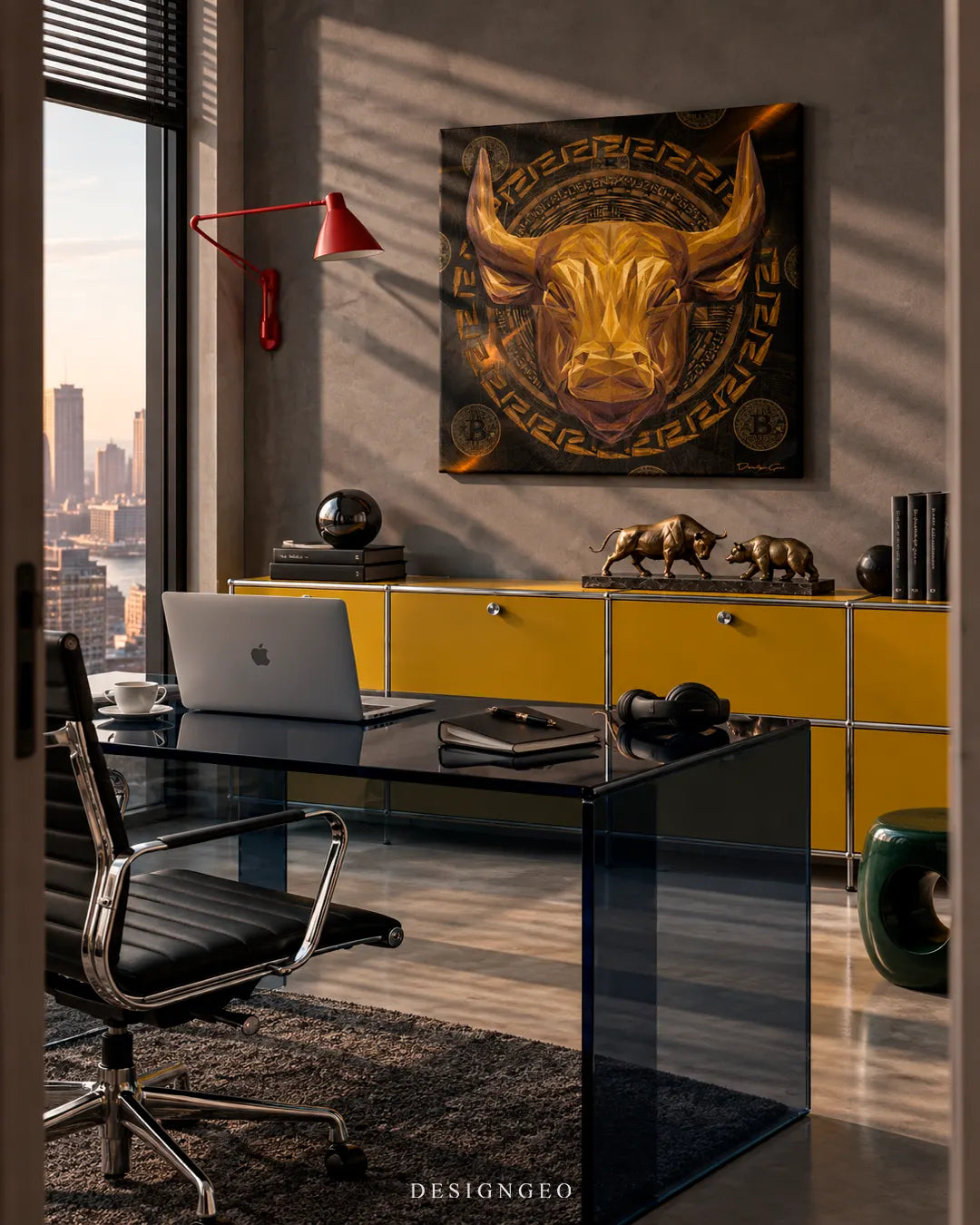 Modern luxury executive office featuring a square canvas print of a golden geometric bitcoin bull head mounted on a concrete wall above a yellow USM Haller credenza