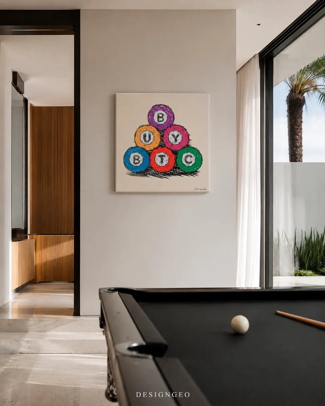 Square Buy BTC billiard balls canvas wall art mounted on a beige wall in a modern game room above a black pool table with a cue stick and white cue ball